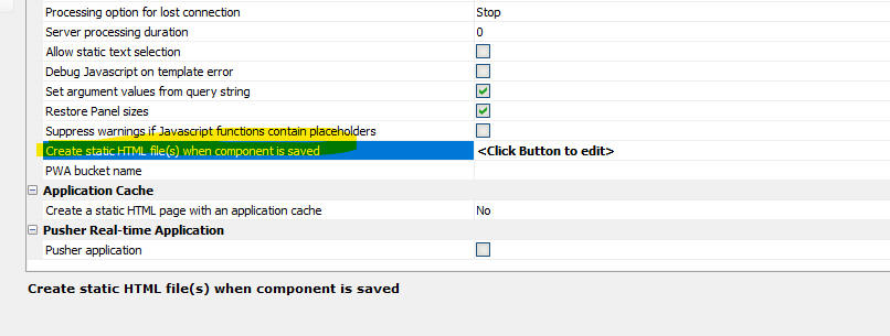 The Create static HTML file(s) when component is saved property in the UX Builder.